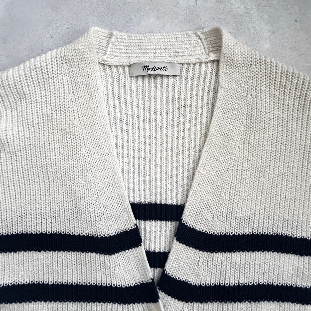 Madewell Striped V-Neck Button Front Cotton Cardigan | Small | Navy & Cream - Picture 7 of 14